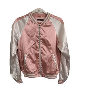 Brandy Melville Varsity Bomber Jacket Pink White Lightweight Y2K Satin One Size